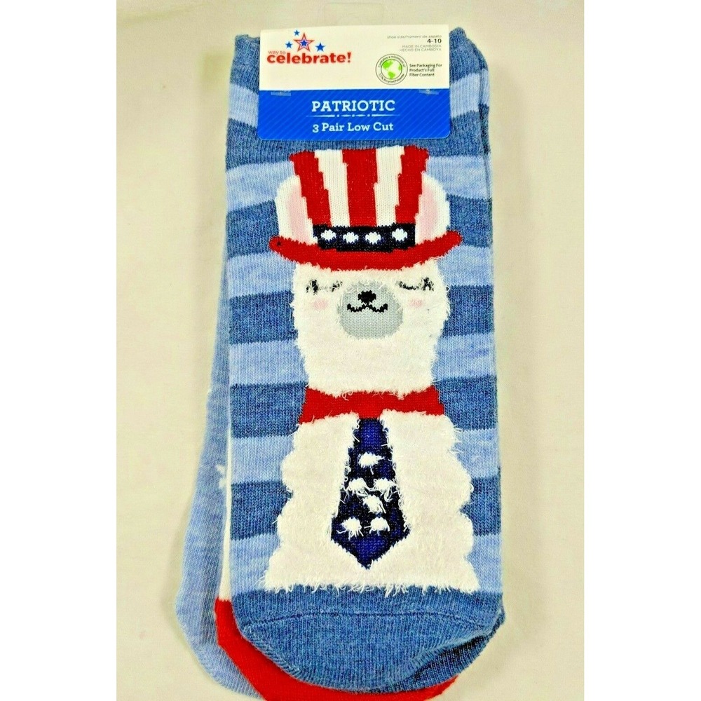 3 Pairs of Patriotic Low Cut Socks Fuzzy Llama Stars Women's Shoe Size 4-10 NWT